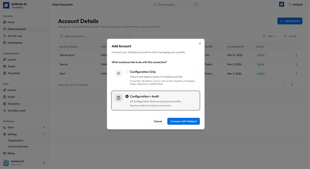 JetStack AI Add Portal modal showing the OAuth connection flow initiation for connecting a HubSpot account