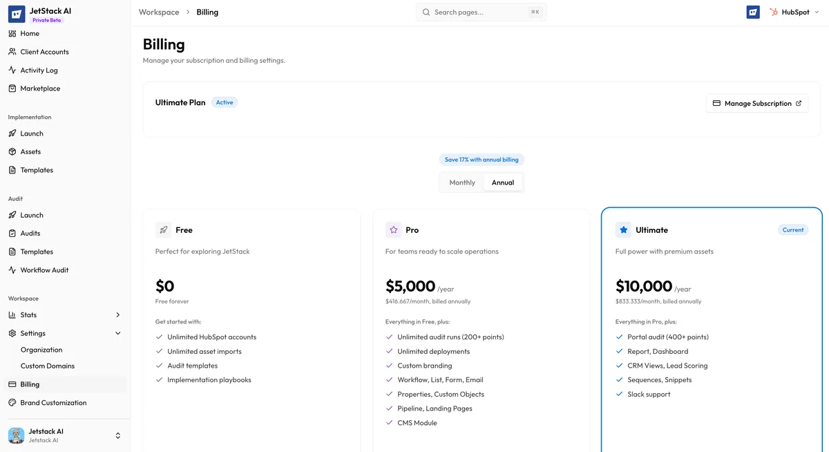 JetStack AI Billing page showing current plan details, feature comparison table, and payment method management