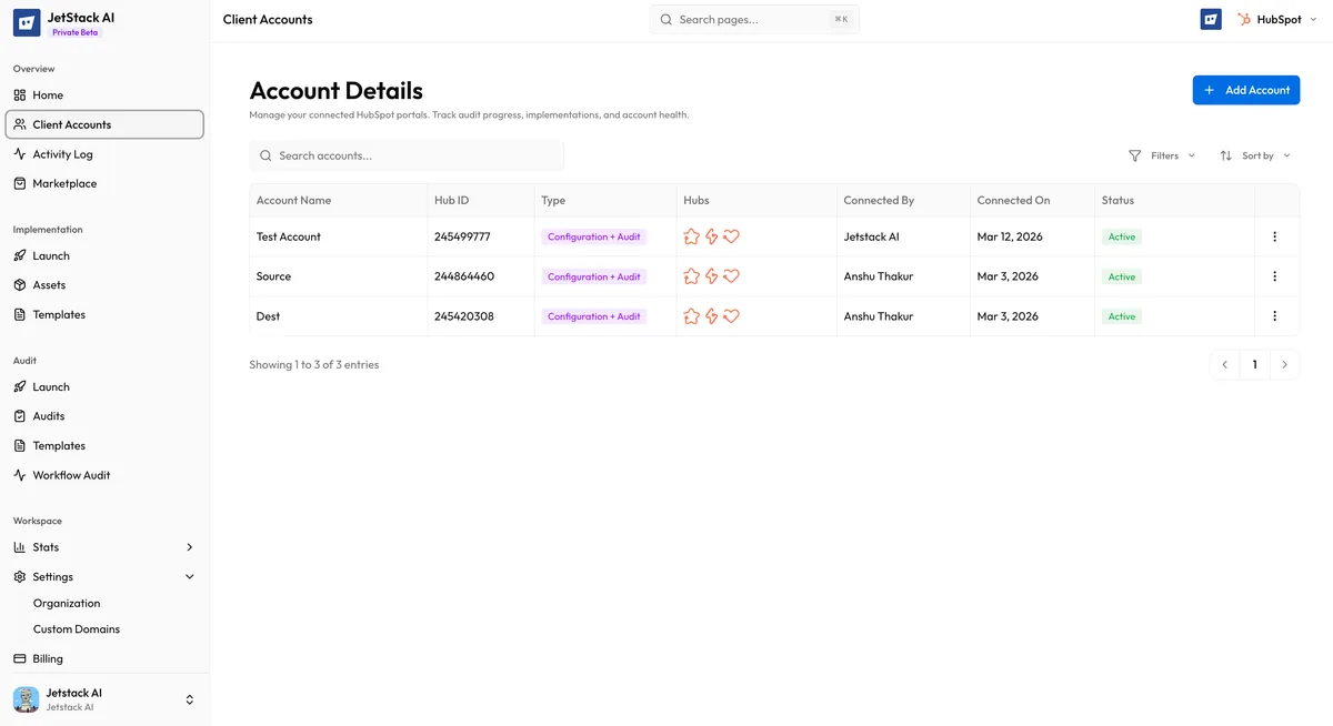 JetStack AI Client Accounts table showing connected portals with names, IDs, connection status, and action buttons