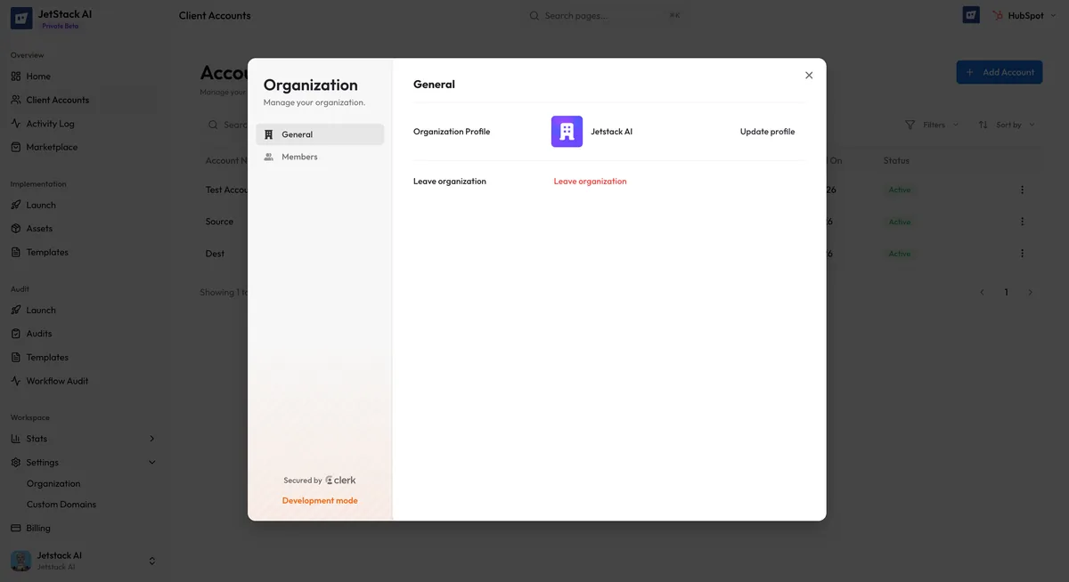 JetStack AI Organization Settings page showing organization name, logo upload, and member management roster