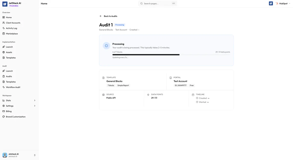 JetStack AI audit processing view showing progress bar, current block being analyzed, and elapsed time