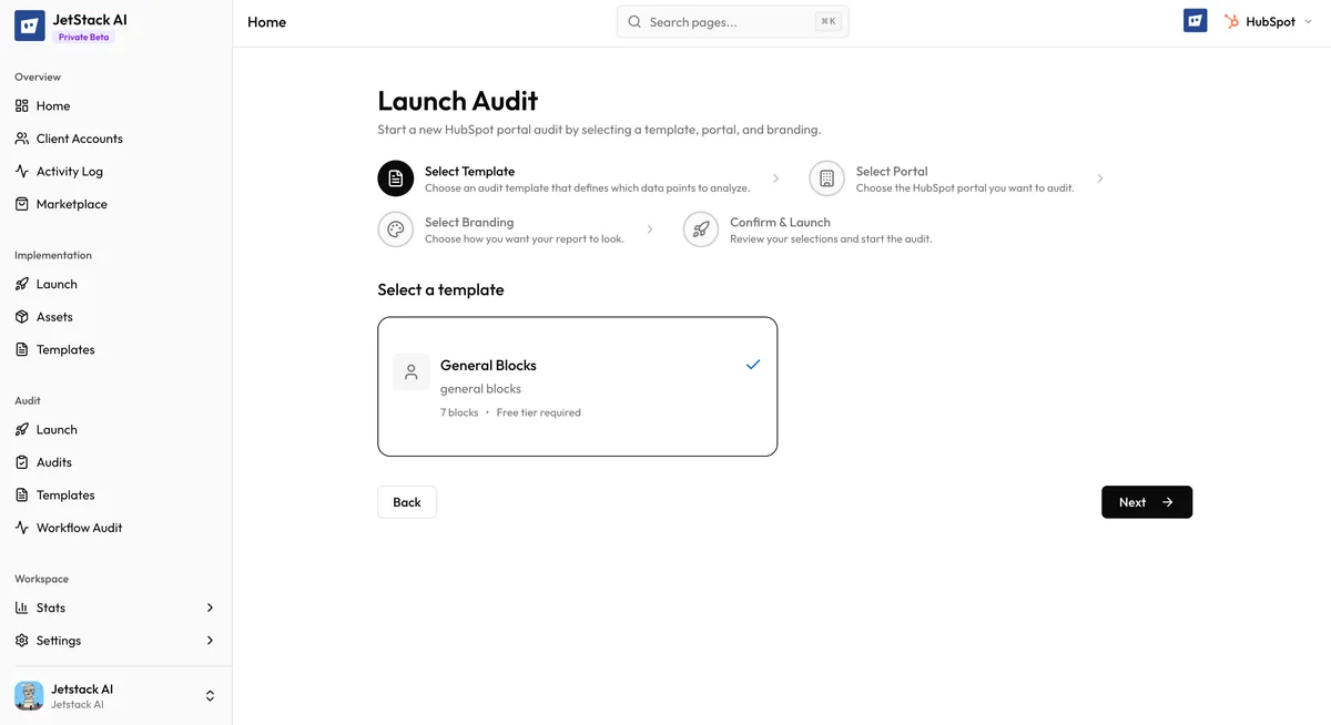 JetStack AI audit wizard Step 1 showing template selection grid with descriptions, mode indicators, and block counts