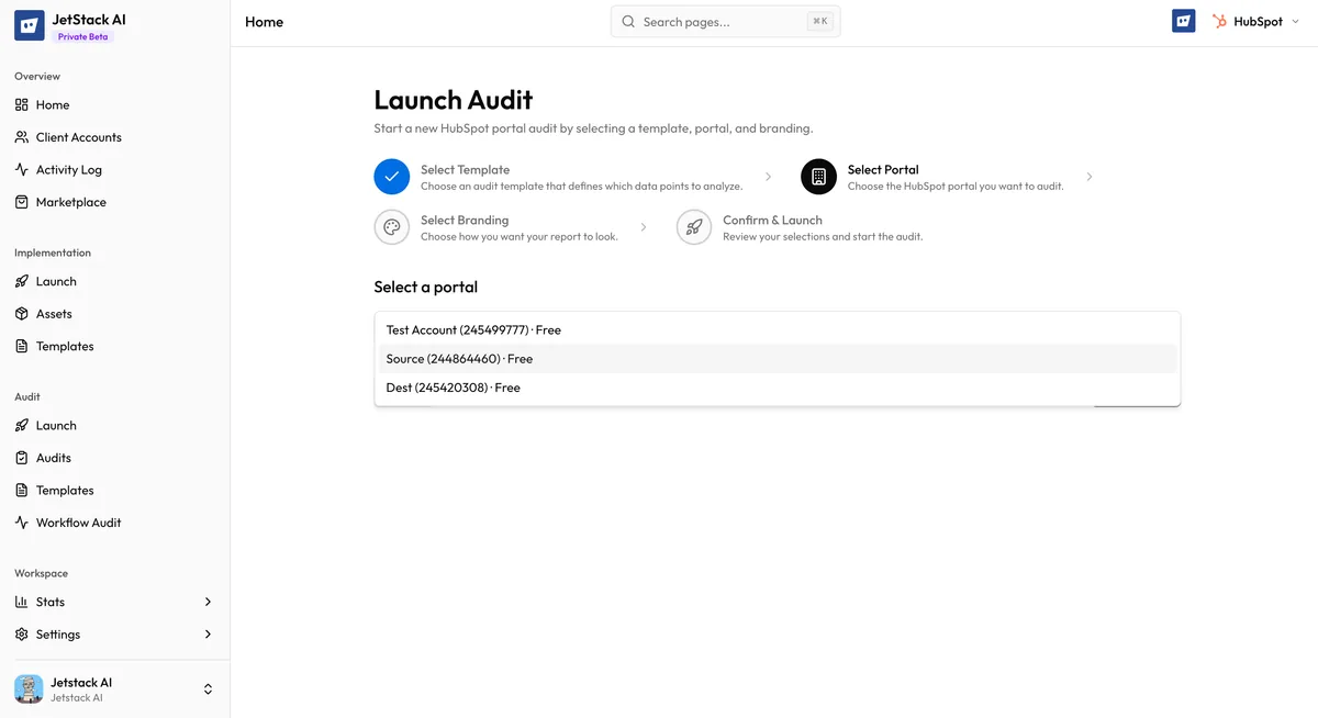 JetStack AI audit wizard Step 2 showing portal selection dropdown with portal names, IDs, and tier information