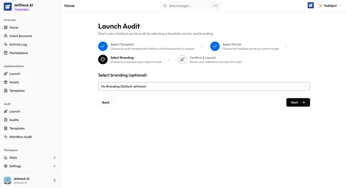 JetStack AI audit wizard Step 3 showing brand configuration selector with logo previews, color palettes, and fonts