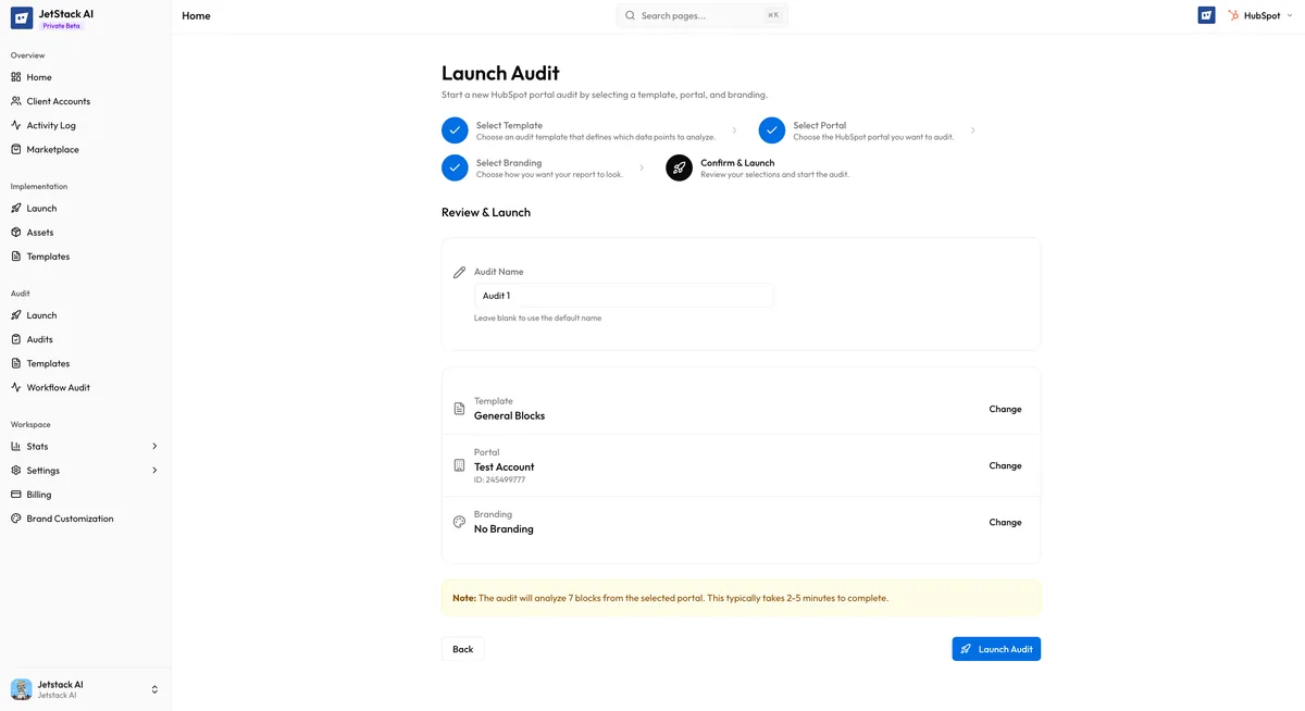 JetStack AI audit wizard Step 4 showing the confirmation screen with template, portal, branding summary and Launch button
