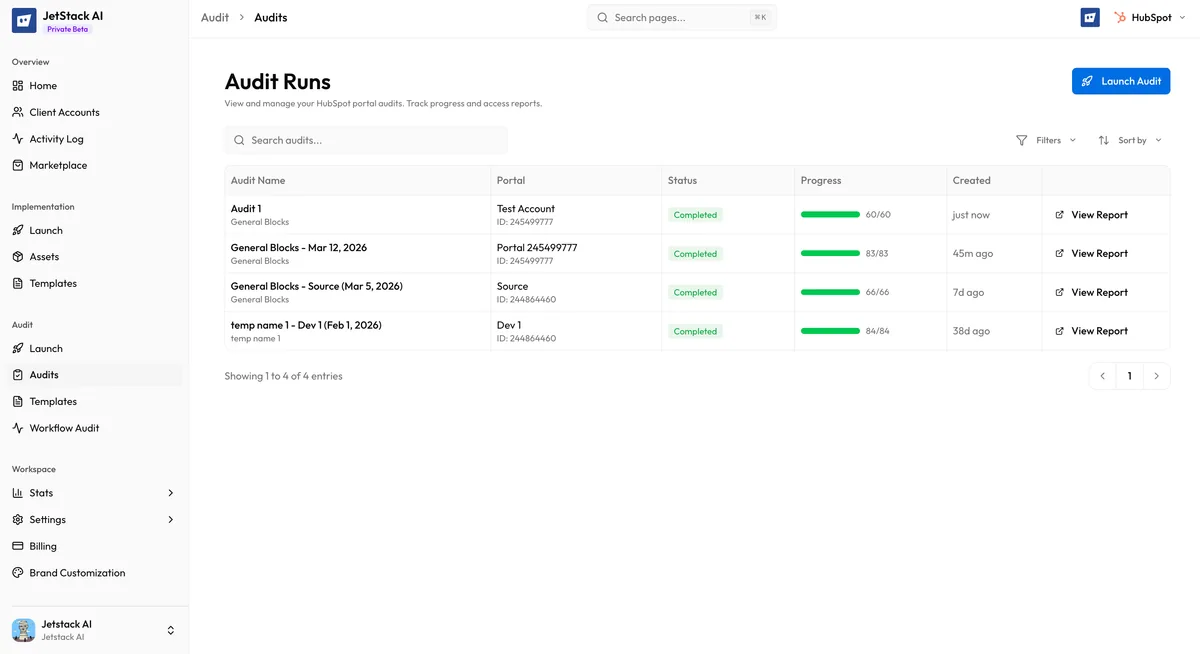 JetStack AI Audits list view showing completed and in-progress audits with portal names, scores, and timestamps