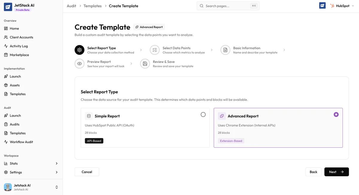 JetStack AI custom audit template creation interface showing block selection, report type configuration, and branding options