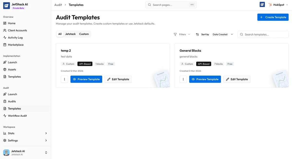 JetStack AI audit template management view showing pre-built and custom templates with block counts and modification dates