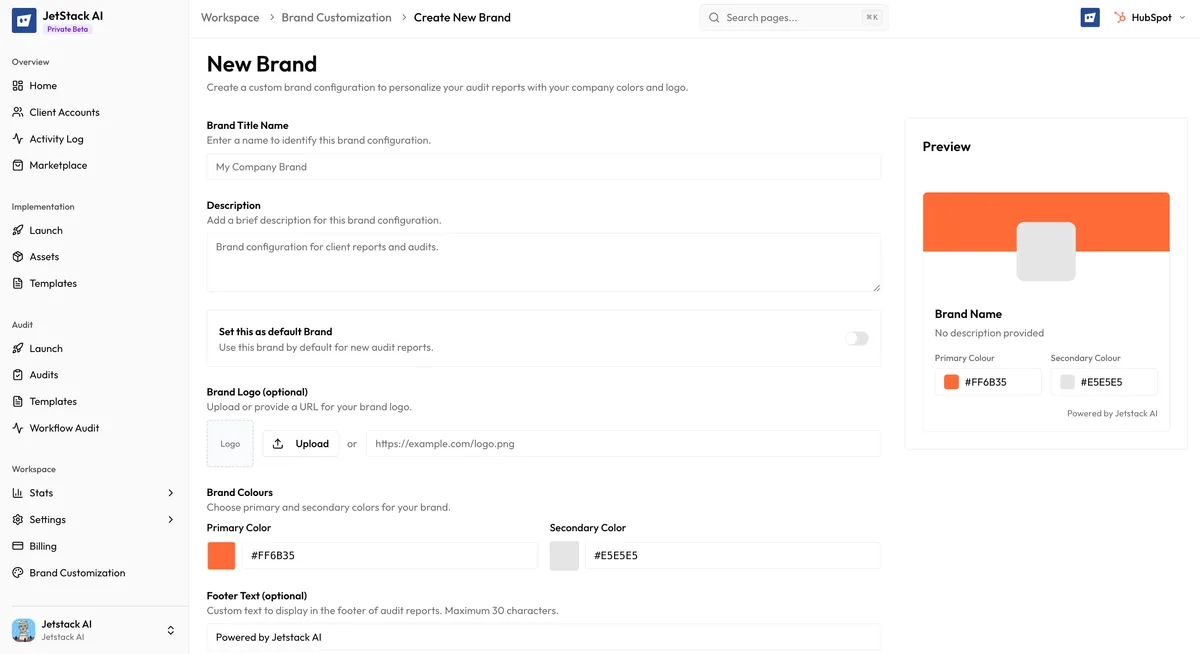 JetStack AI brand configuration panel showing logo upload, primary and secondary color pickers, and font selection