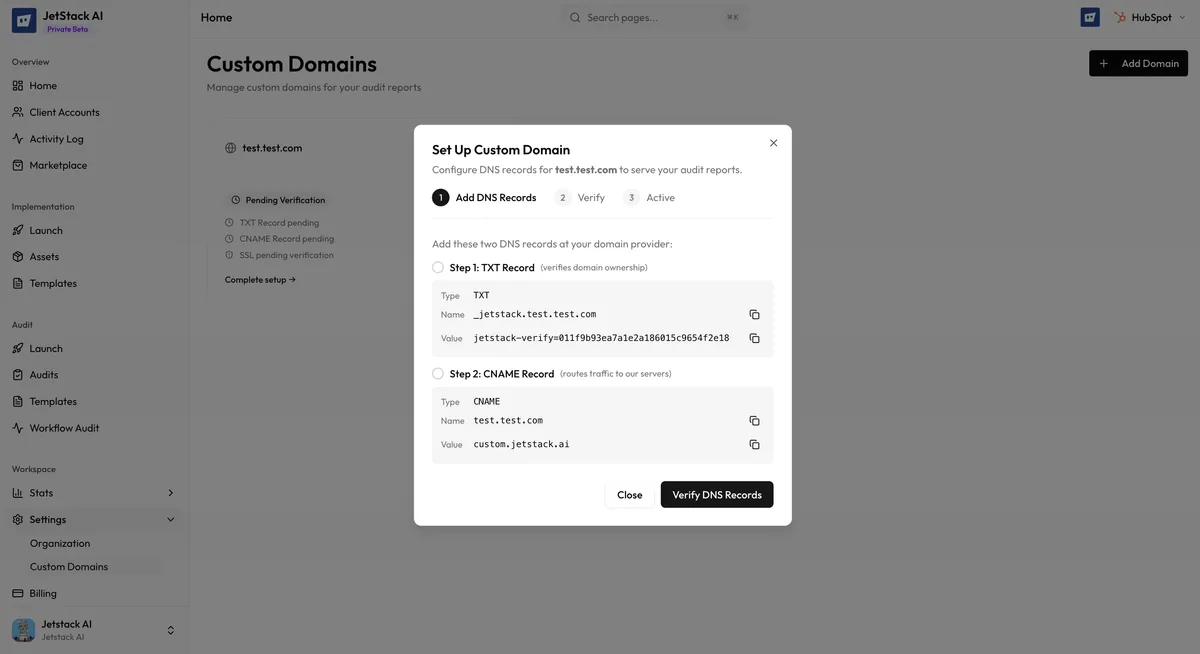 JetStack AI custom domain setup interface showing subdomain input field and DNS configuration instructions