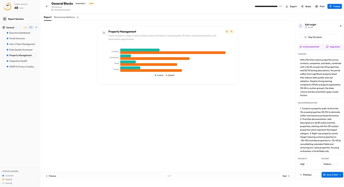 JetStack AI-generated audit insights showing findings, recommendations, priority ratings, and effort estimates for a block