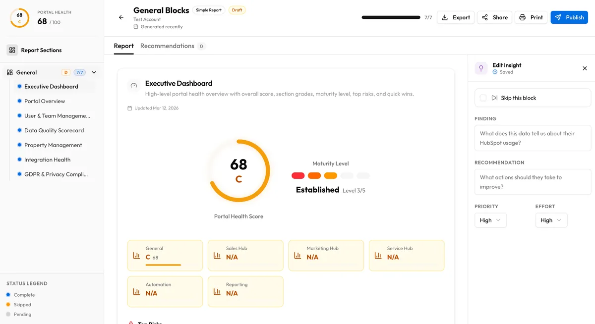 JetStack AI audit report block detail view showing individual data points, scores, and AI-generated insights