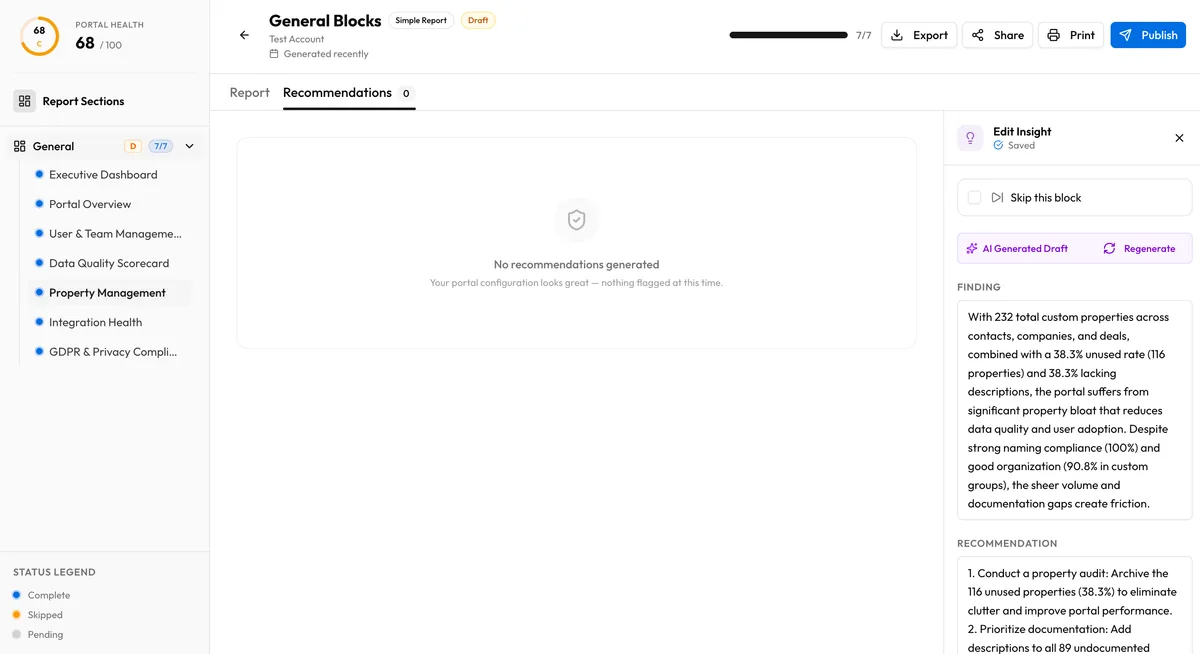 JetStack AI audit recommendations list sorted by priority score showing impact, effort, time estimates, and categories