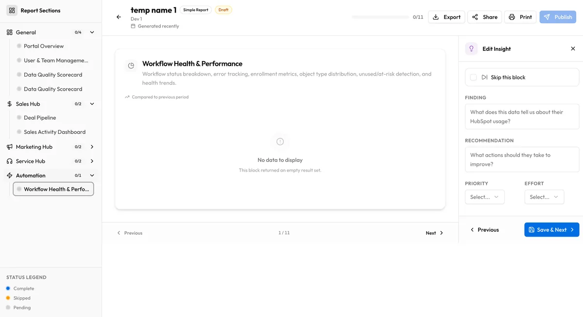 JetStack AI audit report section scores showing weighted scores for General, Sales, Marketing, Automation, Service, and Reporting
