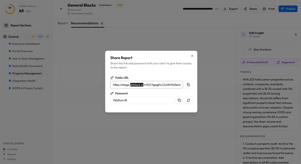JetStack AI report sharing dialog showing shareable URL, password field, and copy link functionality