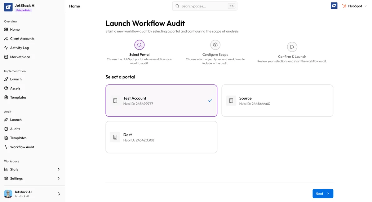 JetStack AI workflow audit launch interface showing portal selection and configuration options