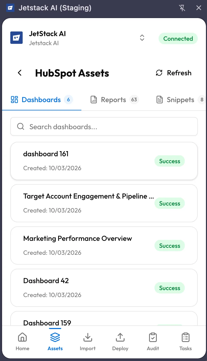 JetStack AI extension Assets tab showing imported HubSpot assets organized by type