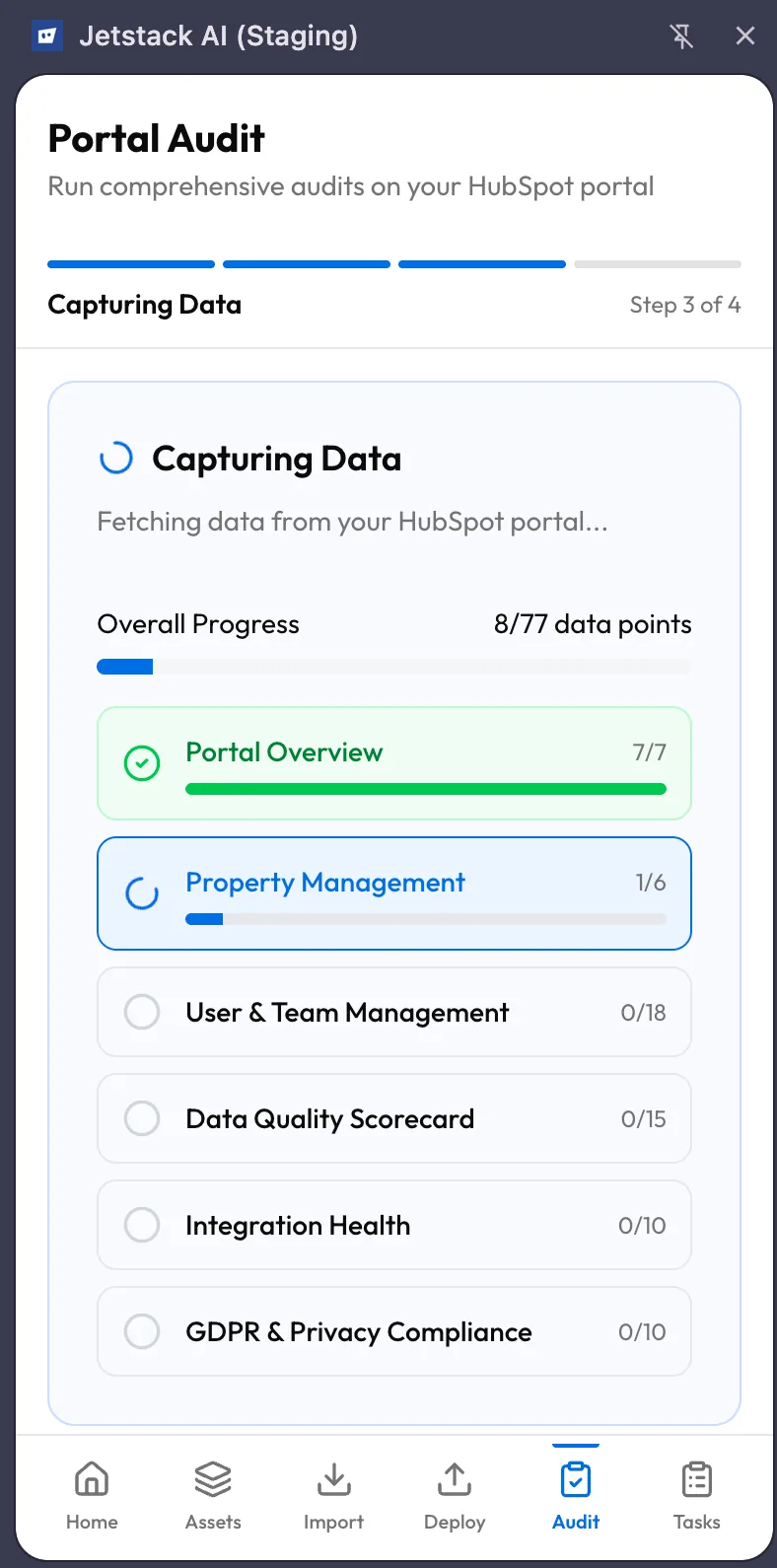 JetStack AI extension audit data capture in progress showing block-by-block progress and real-time status
