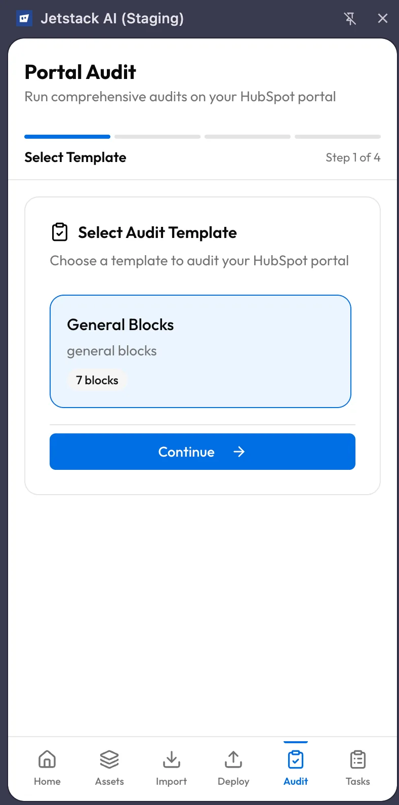 JetStack AI extension audit wizard Step 1 showing available audit templates with descriptions and block counts