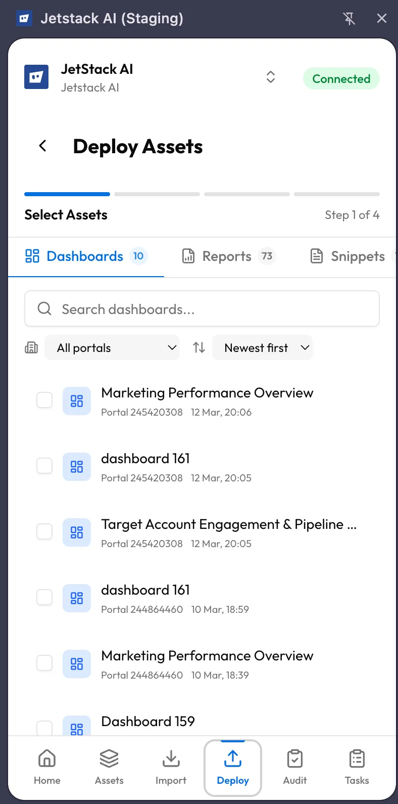 JetStack AI extension deploy wizard Step 1 showing asset selection with filters and search