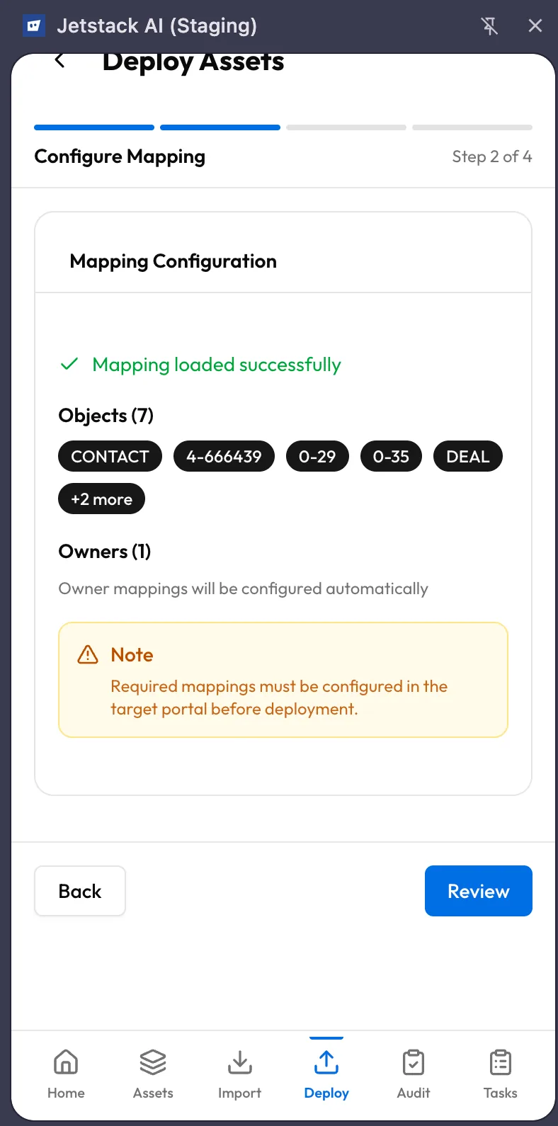 JetStack AI extension deploy wizard Step 2 showing property mapping configuration interface