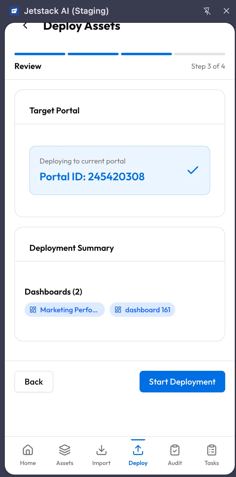 JetStack AI extension deploy wizard Step 3 showing deployment review summary with asset list and mapping details