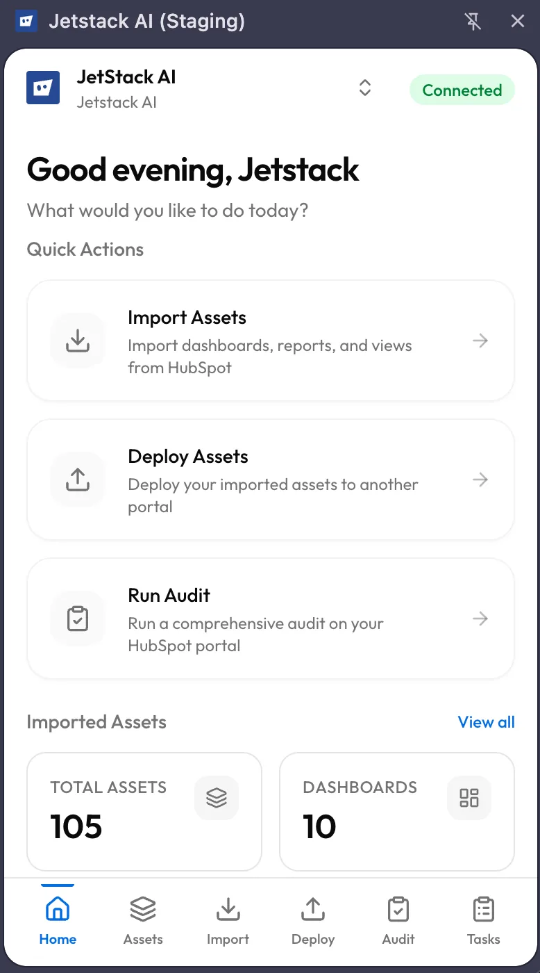 JetStack AI extension home screen with time-aware greeting, quick action cards, and asset statistics