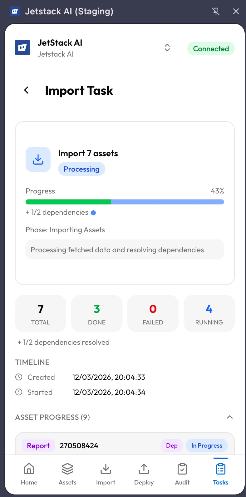 JetStack AI extension import progress view with progress bar and individual asset status indicators