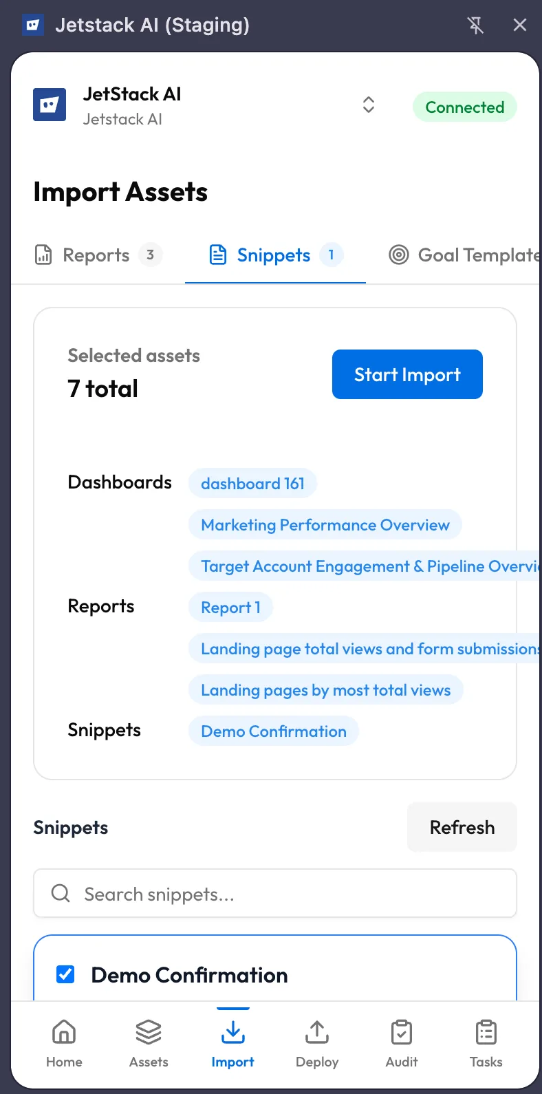 JetStack AI extension import screen showing asset type tabs and multi-select interface for HubSpot assets