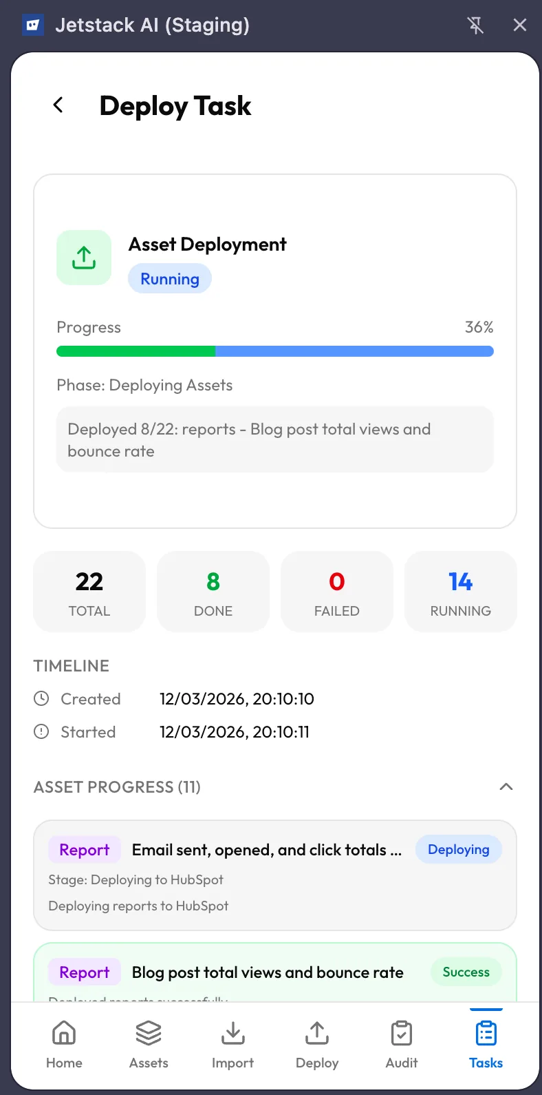 JetStack AI extension task detail view with progress bar, asset-level status, and timestamps