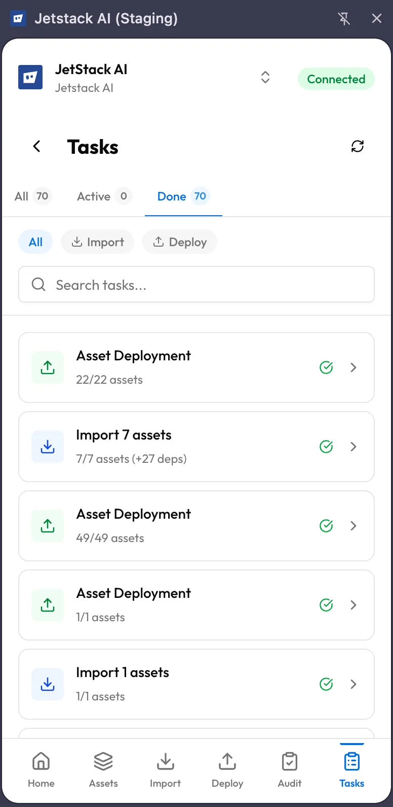 JetStack AI extension Tasks tab showing list of import, deploy, and audit tasks with status badges and timestamps