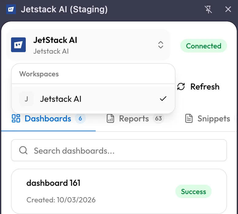 JetStack AI extension workspace selector dropdown for switching between organizations