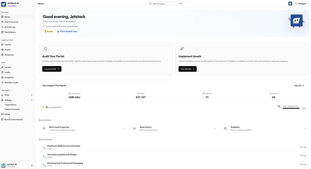 JetStack AI dashboard overview showing sidebar navigation, quick action cards, and workspace stats
