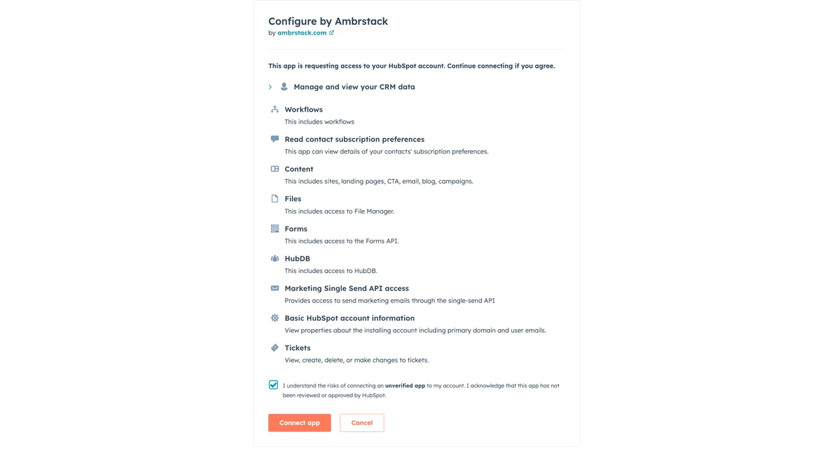 HubSpot OAuth authorization screen requesting permissions for JetStack AI integration