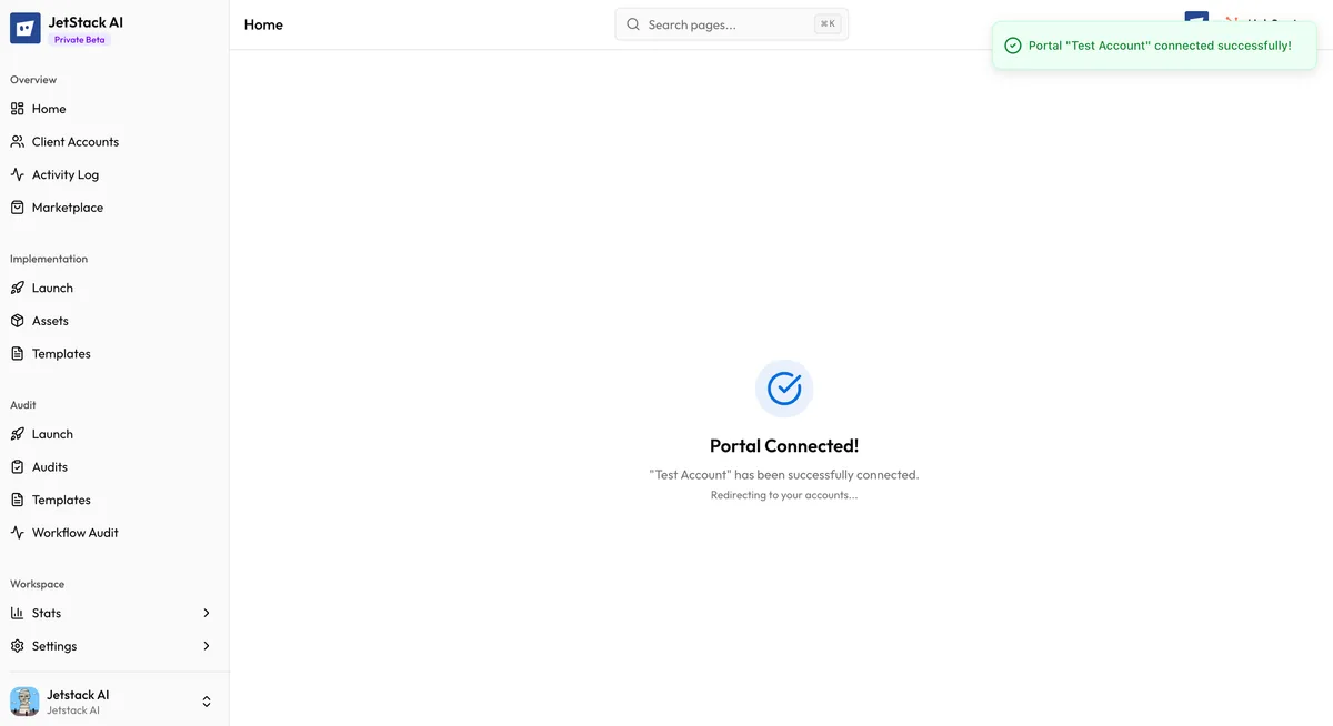 Successful portal connection confirmation in JetStack AI Client Accounts