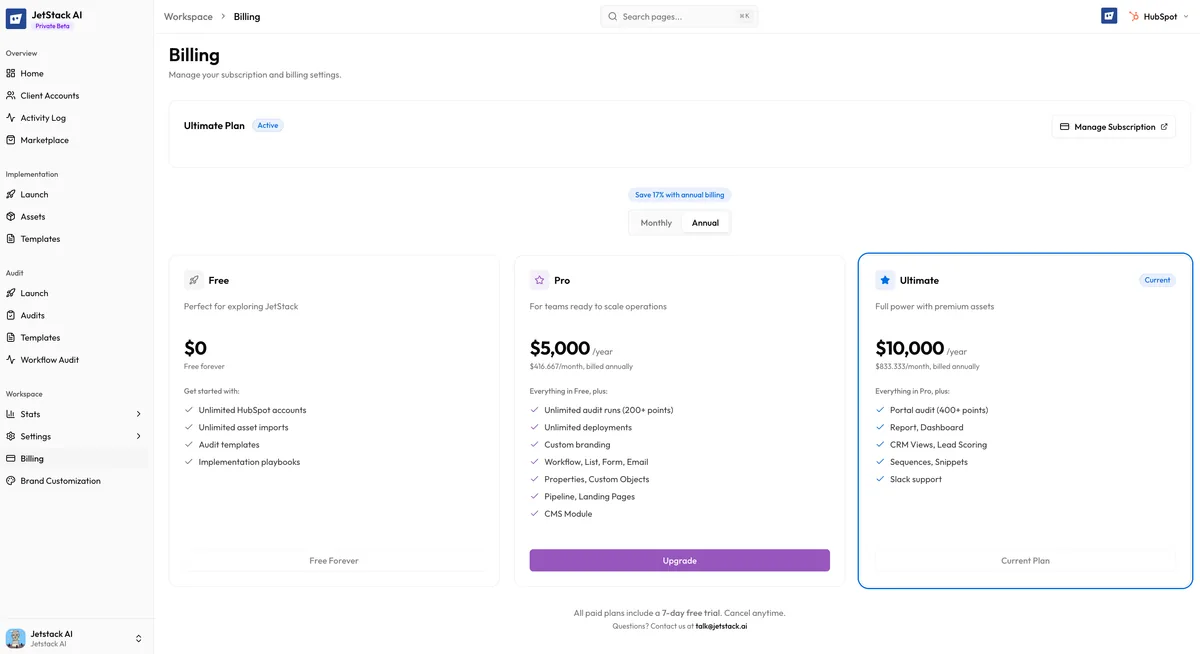 JetStack AI plan comparison showing Pro, Ultimate, and Custom tier features and pricing