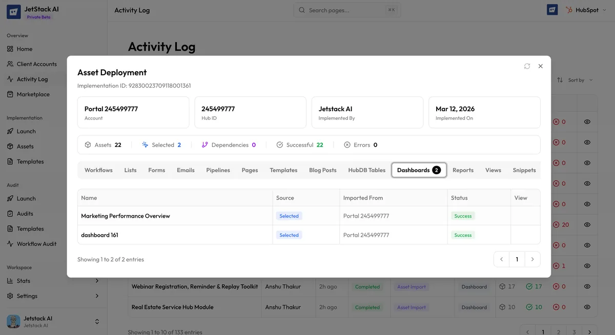 JetStack AI task detail view showing progress breakdown, asset-by-asset status table, and error messages