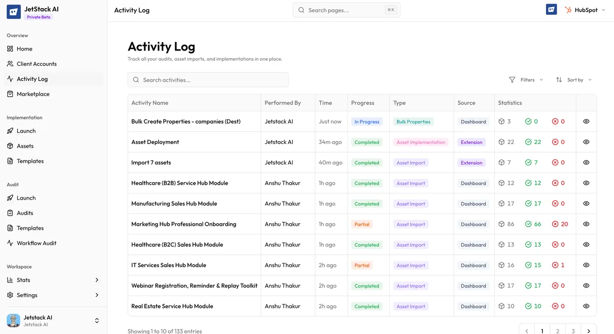 JetStack AI Activity Log showing task list with status indicators, task types, and timestamps