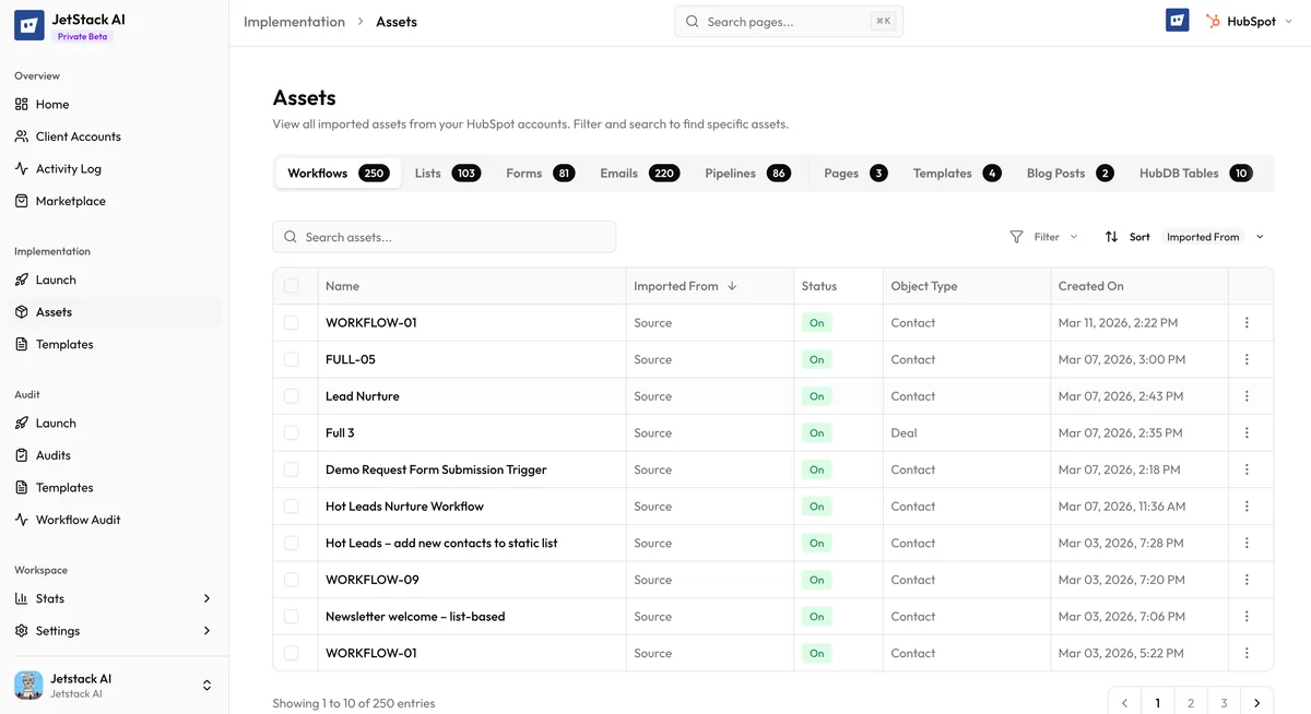 JetStack AI Asset Library showing tabbed interface with asset types, search bar, and filtered asset list