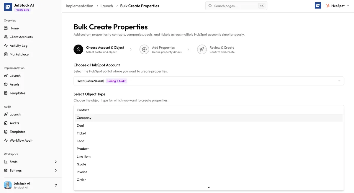JetStack AI Bulk Create Properties Step 1 showing portal selection, object type dropdown, and property group fields