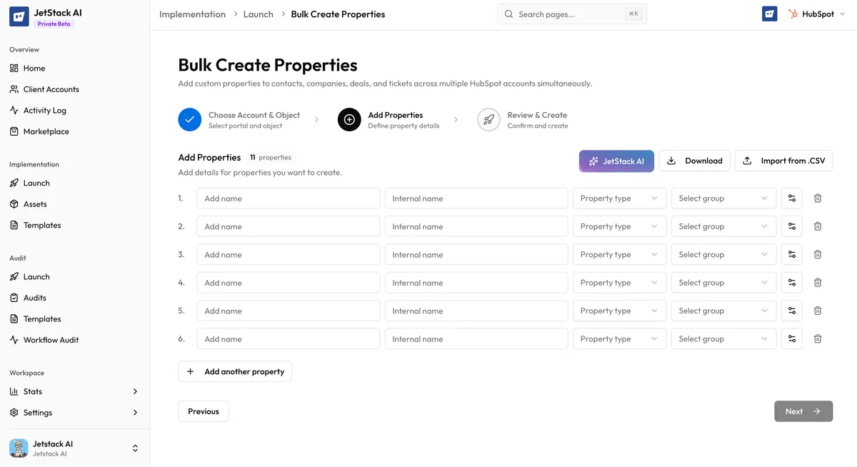 JetStack AI Bulk Create Properties Step 2 showing the property table editor with type, name, and options columns