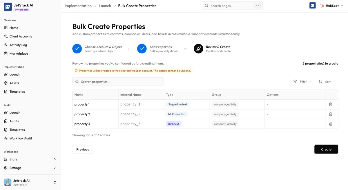 JetStack AI Bulk Create Properties Step 3 showing the review summary with all properties listed before creation