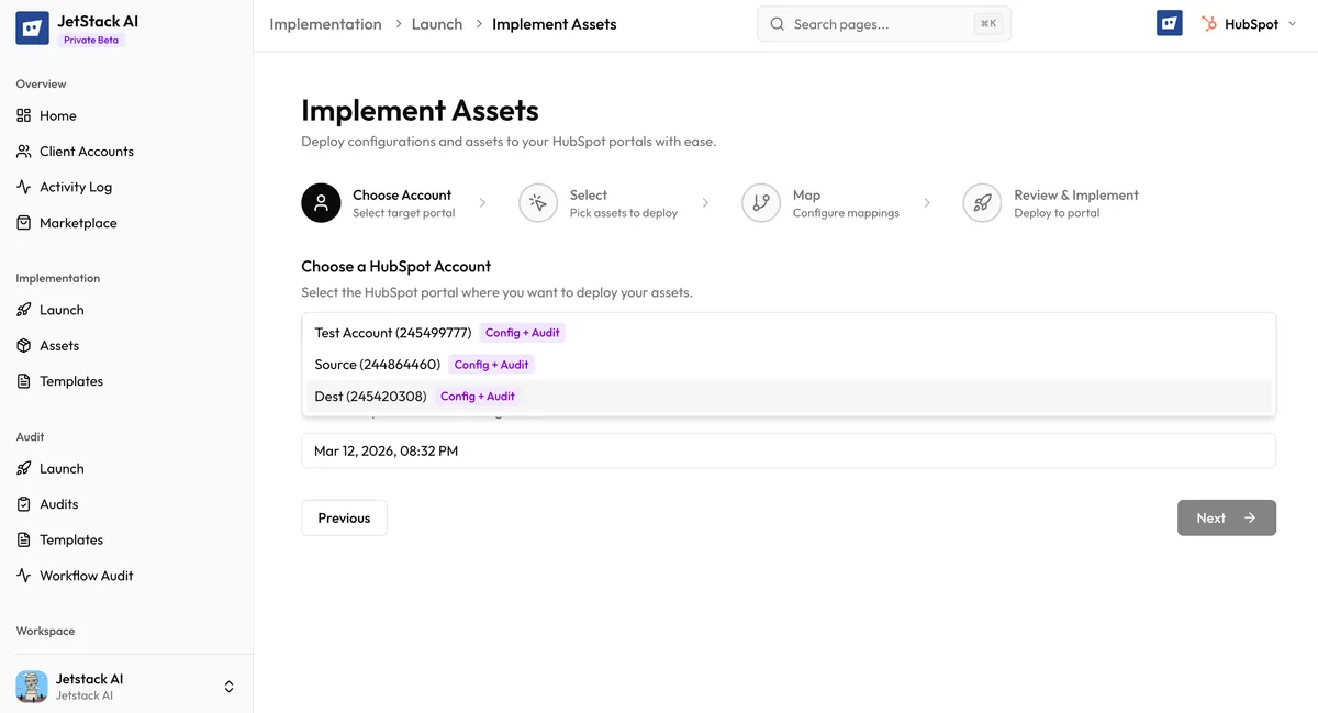 JetStack AI deploy wizard Step 1 showing target portal selection and implementation naming