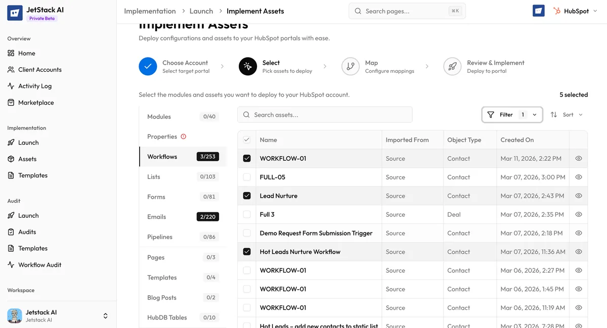 JetStack AI deploy wizard Step 2 showing asset library with search, filtering, and multi-select capabilities