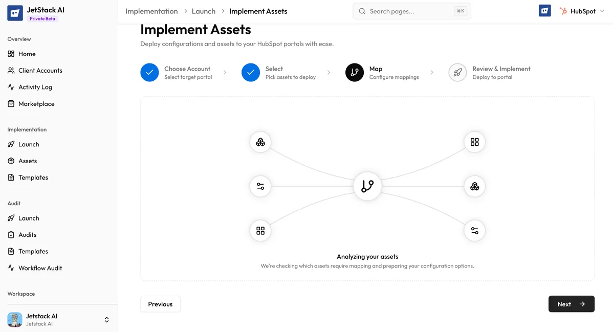 JetStack AI deploy wizard analyzing assets loading indicator during the property analysis phase