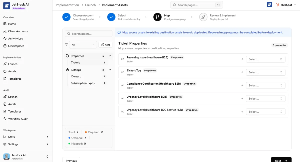 JetStack AI deploy wizard property mapping interface showing source properties, target matches, and status indicators