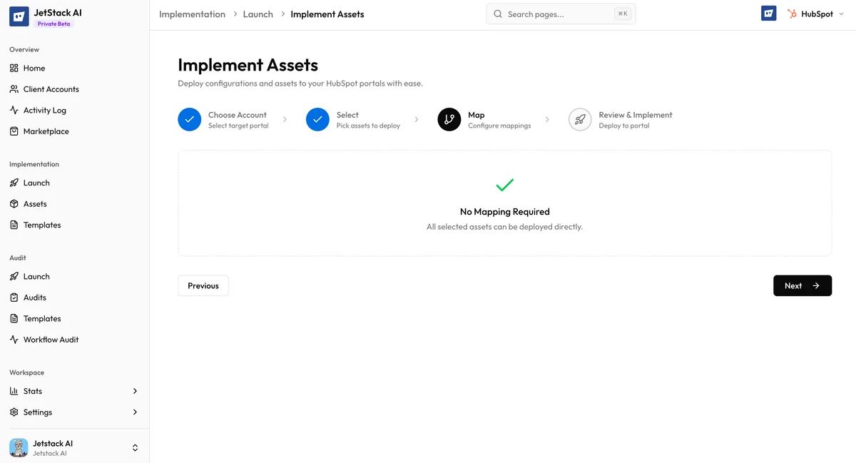JetStack AI deploy wizard showing no mapping required message when all properties match automatically