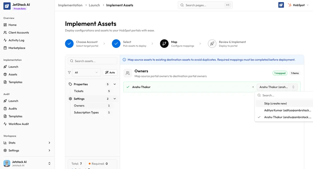 JetStack AI deploy wizard owner mapping interface showing source owners with target user selection dropdowns
