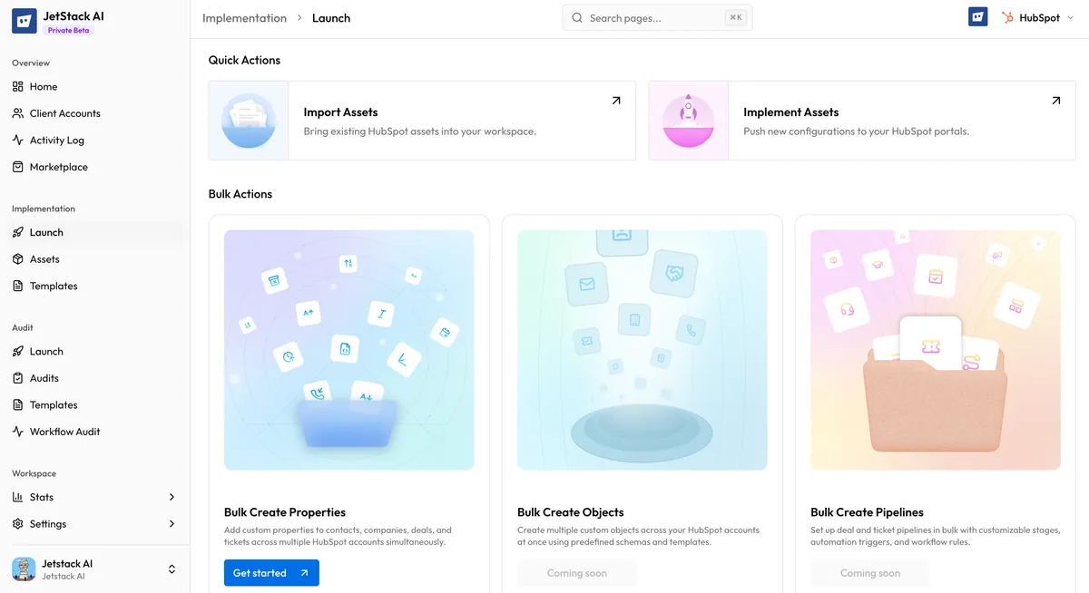 JetStack AI implementation launch screen showing the import-store-deploy lifecycle workflow