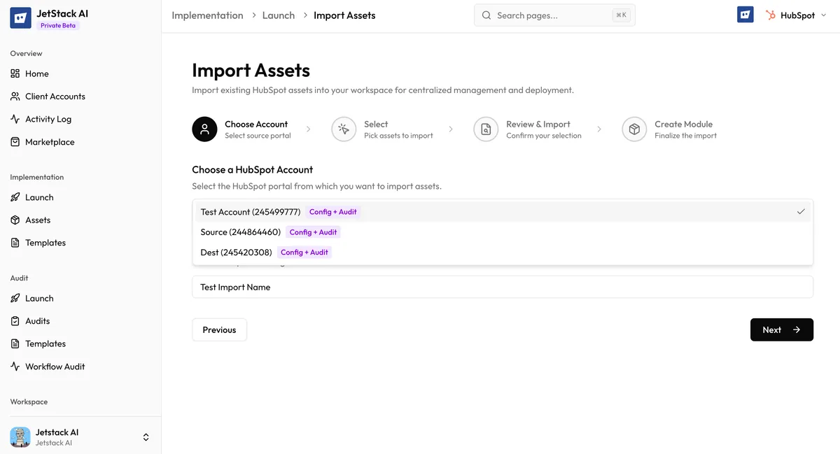 JetStack AI import wizard Step 1 showing source portal selection and import name configuration